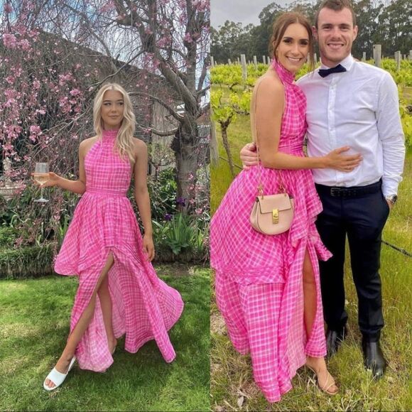 Aje Bungalow Sienna Halter Open Back Tiered Slit Maxi Dress Pink Size 8 Barbie - Picture 14 of 16